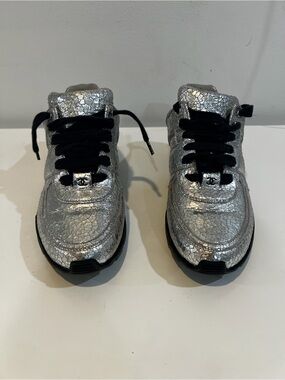 CHANEL Silver Metallic Kids Lace-Up Sneakers with Black Laces